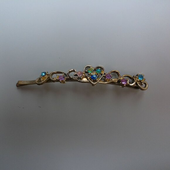Heart Hair Clip, Silver/Gold color, Pink and blue rhinestone, shiny crystals - Picture 3 of 15